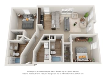 2 bedroom 2 bathroom Floor plan B at 310 @ Nulu Apartments, Louisville, 40202, 976 Sq. Ft.