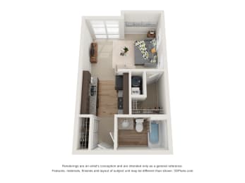Studio 1 bathroom floor plan at 310 @ Nulu Apartments, Louisville, KY, 40202, 411 Sq. Ft.