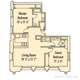2 bedroom 2 bathroom Floor plan E at 26 West Apartments, Indiana, 46204