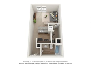a stylized floor plan with a bedroom and a bathroom at 310 at Nulu Apartments-Student, Kentucky, 40202