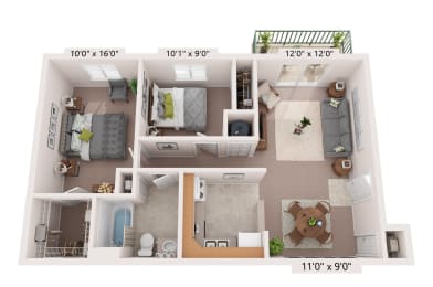 a floor plan of a two bedroom apartment with two bathrooms and a balcony with a teddy