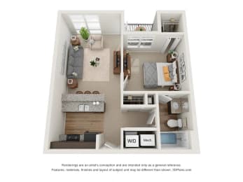 a stylized floor plan with a bedroom and living room at 310 at Nulu Apartments-Student, Louisville Kentucky