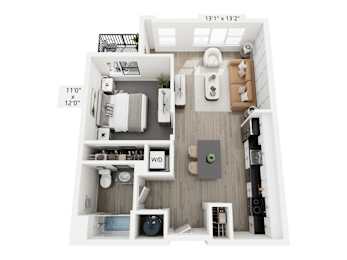 The Spectrum floor plan at Contrast OTR in Cincinnati’s Over-the-Rhine is a modern one-bedroom with open living, large windows, a walk-in closet, and in-unit laundry—perfect for vibrant downtown living near TQL Stadium