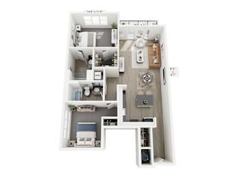 The Fusion floor plan at Contrast OTR in Cincinnati’s Over-the-Rhine is a two-bedroom, two-bath with open living, kitchen island, and in-unit laundry—ideal for vibrant downtown living near TQL Stadium