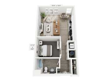 The Echo floor plan at Contrast OTR in Cincinnati’s Over-the-Rhine is a stylish studio apartment with an open layout, modern kitchen, sleeping nook, and in-unit washer and dryer—perfect for efficient urban living near downtown and TQL Stadium