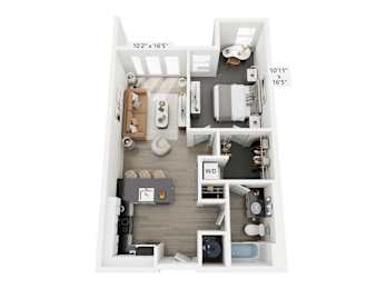 The Highlight floor plan at Contrast OTR in Cincinnati, Ohio’s Over-the-Rhine neighborhood is a 697 sq. ft. one-bedroom, one-bathroom apartment featuring an open-concept layout, modern kitchen, walk-in closet, and in-unit washer and dryer—perfect for urban living near TQL Stadium and downtown