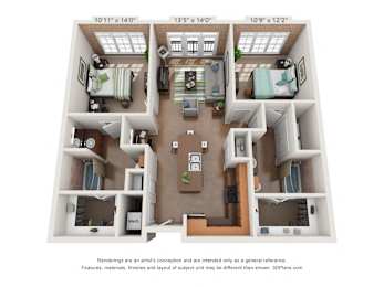 Two Bedroom B1 Floor Plan  at The Foundry, South Bend, IN 46617