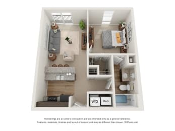 a 1 bedroom floor plan with a bathroom and a living room at 310 at Nulu Apartments-Student, Kentucky