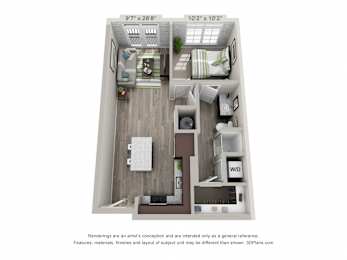 1 Bedroom 1 Bath A1 Floor Plan at The Foundry, Indiana