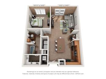 1 Bedroom 1 Bath Floorplan at The Foundry, South Bend Indiana