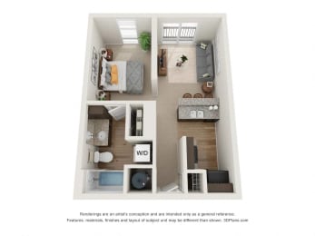 a stylized floor plan with a bedroom and a living room at 310 at Nulu Apartments-Student, Louisville, KY