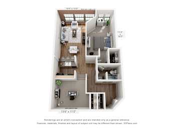 A 3D floor plan of a small apartment with a kitchen, living room, and bathroom.