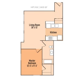1 bedroom 1 bathroom Floor plan A at Harness Factory Lofts, Managed by Buckingham Urban Living, Indianapolis
