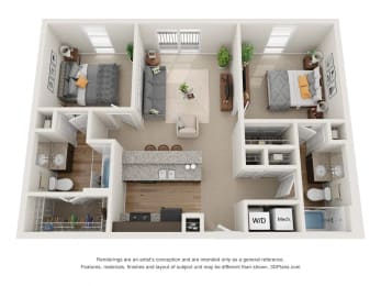 a 3 bedroom floor plan is shown in this rendering at 310 at Nulu Apartments-Student, Louisville, 40202