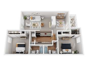 A top-down view of a two-bedroom apartment with a living room, kitchen, and bathroom.