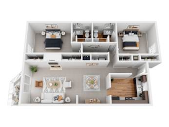 A top-down view of a small apartment with a kitchen, living room, and bedrooms.