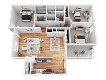 A top-down view of a small apartment layout with a kitchen, living room, and bedrooms.