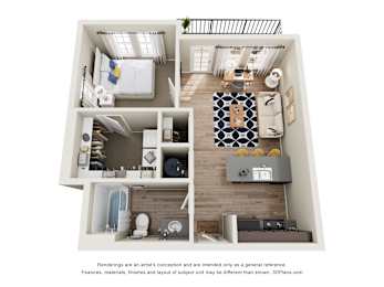 A 3D floor plan of a small apartment with a kitchen, living room, and bedroom.