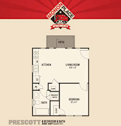 A floor plan for a one bedroom apartment at Monon Place.