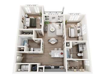 Modern two-bedroom, two-bath floor plan at Montage West Lafayette with large windows and open layout.