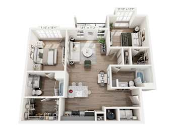 Two-bedroom, two-bathroom apartment floor plan at Montage West Lafayette with open kitchen and living room.