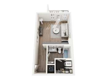 Studio apartment floor plan at Montage West Lafayette with open living area and full kitchen.