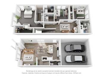 A 3D floor plan of a house with two bedrooms, a living room, a kitchen, a bathroom, and a garage.