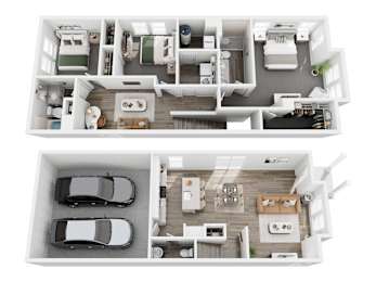 A top-down view of a two-story house with a living room, kitchen, and two bedrooms on the upper floor, and a garage with two cars on the lower floor.