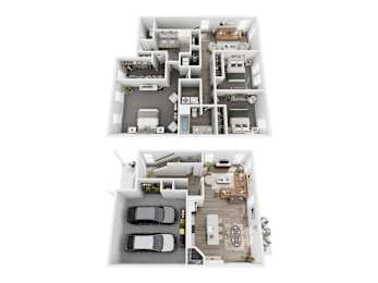 A floor plan of a two-story house with a garage and a living room with a kitchen.