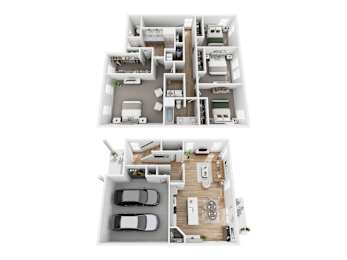 A floor plan of a two-story residential building with a garage.