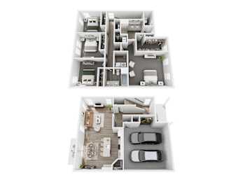 A floor plan of a two-story residential building with a garage and a living room.