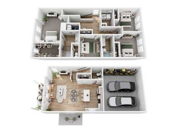 A top and bottom floor plan of a house with a garage.