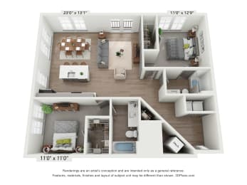 a 3d floor plan is shown with the furniture shown in the image