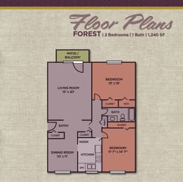 2 Bedroom 1 Bathroom Floor Plan at Gramercy, Carmel