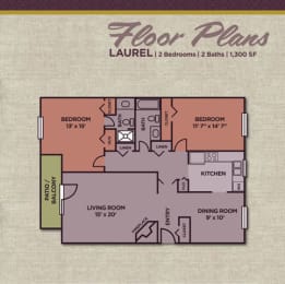 2 Bedroom 2 Bathroom Floor Plan at Gramercy, Indiana