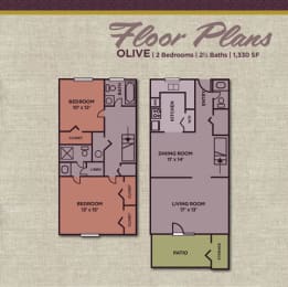 2 Bed 2.5 Bathroom Floor Plan at Gramercy, Indiana, 46032