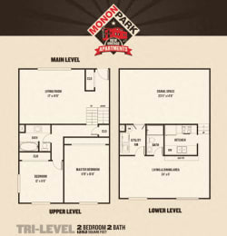2 Bedroom Tri-Level Floor Plan at Monon Living, Indianapolis, IN