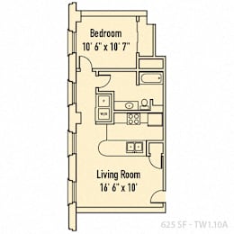 1 bed 1 bathroom floorplan with balcony at Indy Living Apartments, Indianapolis, IN