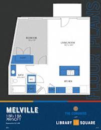 1 bedroom one bath floorplan with walk-in closet at Indy Living Apartments, Indianapolis