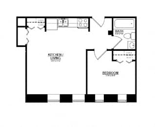 One bedroom one bathroom floorplan with walk-in closet 1 at Indy Living Apartments, Indianapolis, IN
