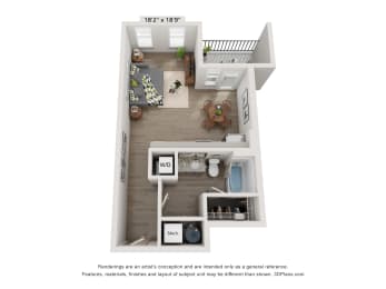 a stylized floor plan of a 1 bedroom apartment