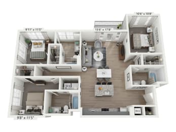 a floor plan of a 3 bedroom apartment  at Plat 4 at Research Triangle, Durham, 27703