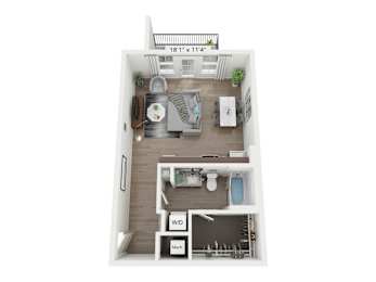 Tallow is a studio floor plan with open concept floor plan in the living, dining, kitchen and sleeping space at 579 sq ft  at Plat 4 at Research Triangle, Durham, North Carolina