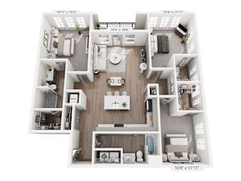 Three-bedroom apartment layout at Portrait Midtown with flexible space, bright open living room, gourmet kitchen, and private bedroom suites in Carmel, IN.