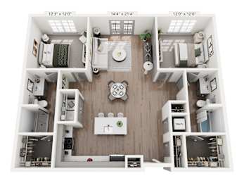 Portrait Midtown two-bedroom apartment floor plan featuring open living spaces, gourmet kitchen island, flexible-use area, and spacious bedrooms with walk-in closets.