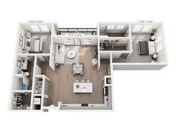 Two-bedroom apartment at Portrait Midtown featuring a generous open living area, contemporary kitchen with island seating, flexible-use space, and two spacious bedrooms.