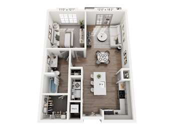 One-bedroom apartment at Portrait Midtown featuring an open living space, full kitchen with island, bright bedroom with large windows, modern bathroom, and generous closet storage.