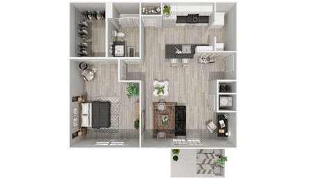A top-down view of a modern apartment layout with a kitchen, living room, and bathroom.