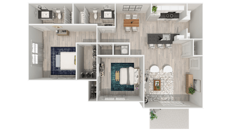 A top-down view of a modern apartment layout with a kitchen, living room, and bathroom.
