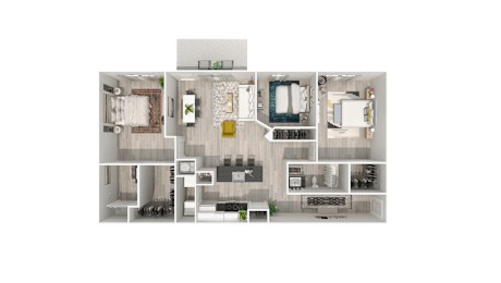A floor plan of a house with a kitchen, living room, dining room, and bedrooms.